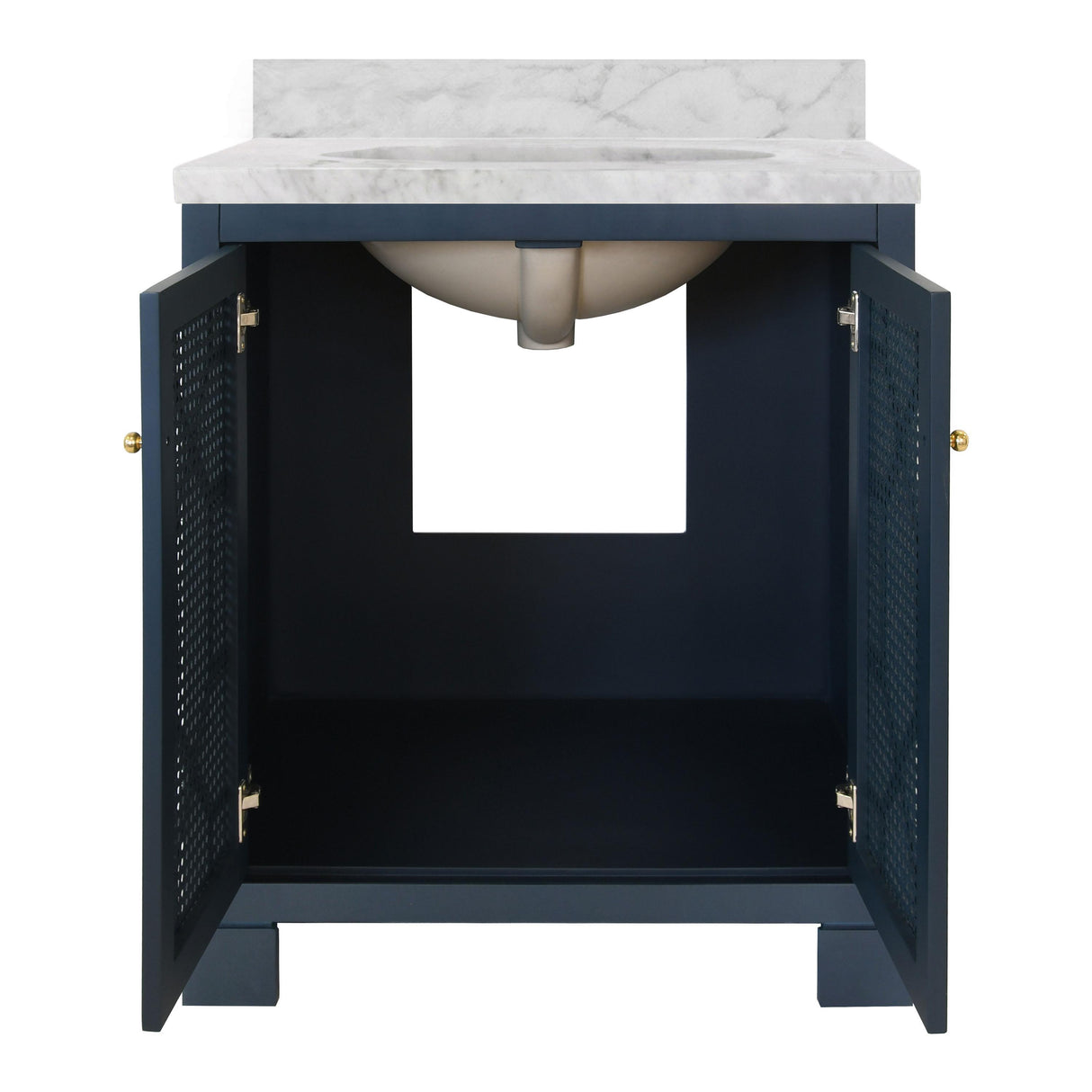 Worlds Away Bath Vanity In Matte Navy Lacquer With Cane Front Doors, White Marble Top, Porcelain Sink, And Polished Brass Knobs
