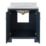 Worlds Away Bath Vanity In Matte Navy Lacquer With Cane Front Doors, White Marble Top, Porcelain Sink, And Polished Brass Knobs