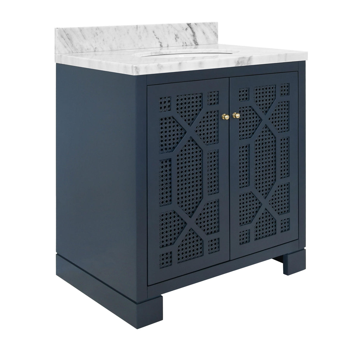 Worlds Away Bath Vanity In Matte Navy Lacquer With Cane Front Doors, White Marble Top, Porcelain Sink, And Polished Brass Knobs
