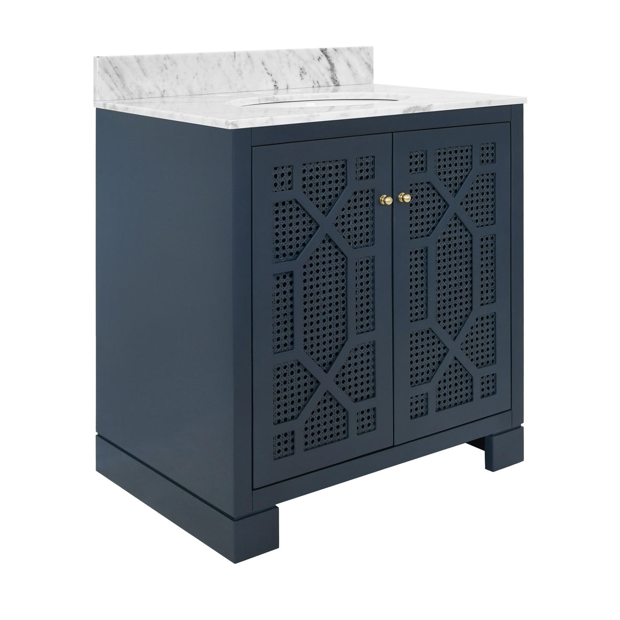 Worlds Away Bath Vanity In Matte Navy Lacquer With Cane Front Doors, White Marble Top, Porcelain Sink, And Polished Brass Knobs