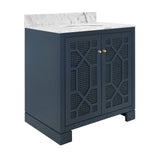 Worlds Away Bath Vanity In Matte Navy Lacquer With Cane Front Doors, White Marble Top, Porcelain Sink, And Polished Brass Knobs