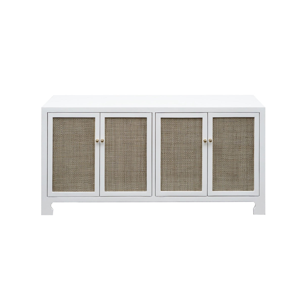 Worlds Away Cane Cabinet W. Brass Hardware In White Lacquer