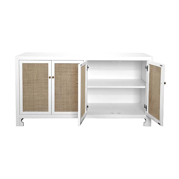 Worlds Away Cane Cabinet W. Brass Hardware In White Lacquer