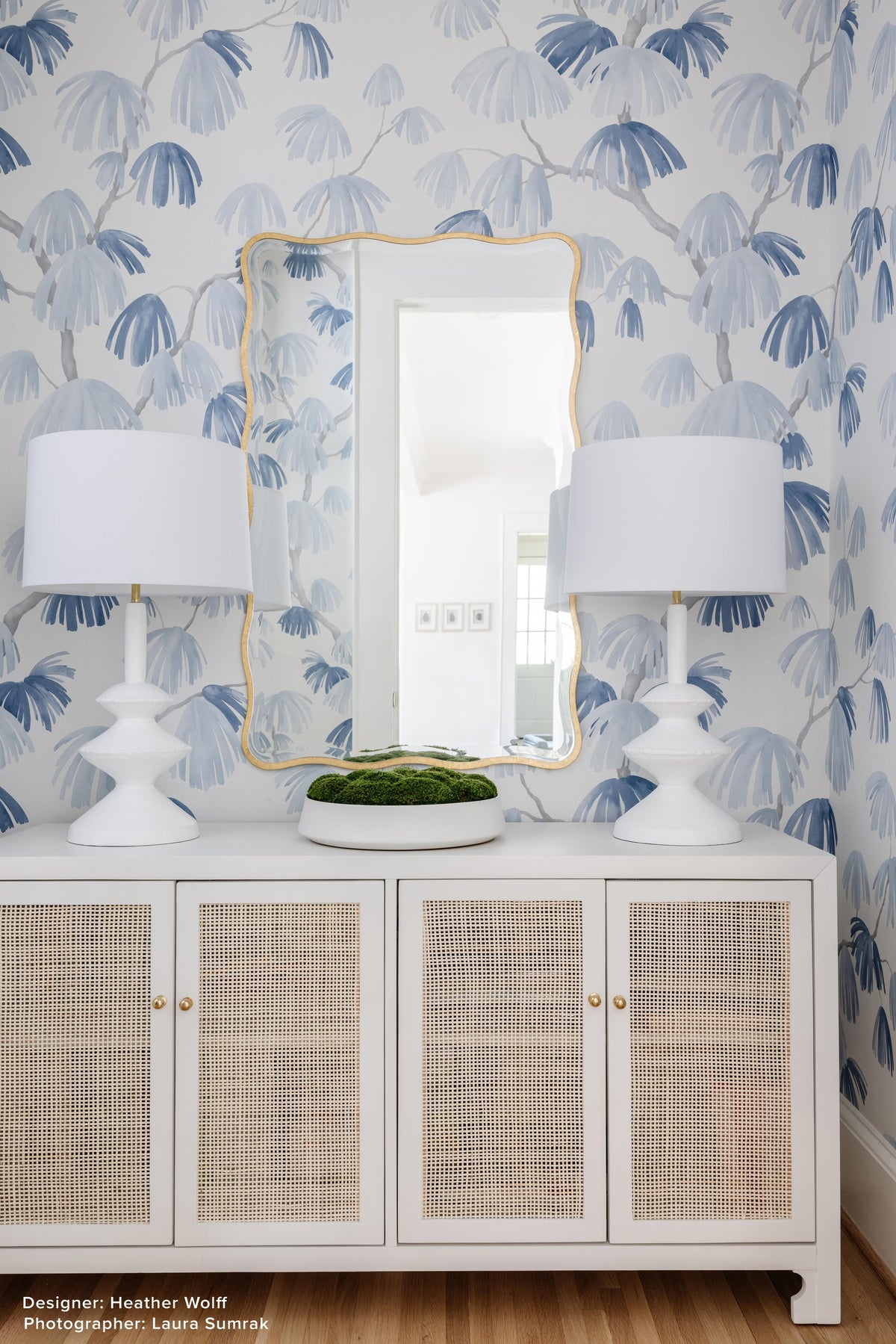 Worlds Away Cane Cabinet W. Brass Hardware In White Lacquer