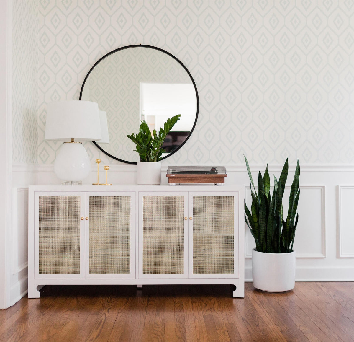 Worlds Away Cane Cabinet W. Brass Hardware In White Lacquer