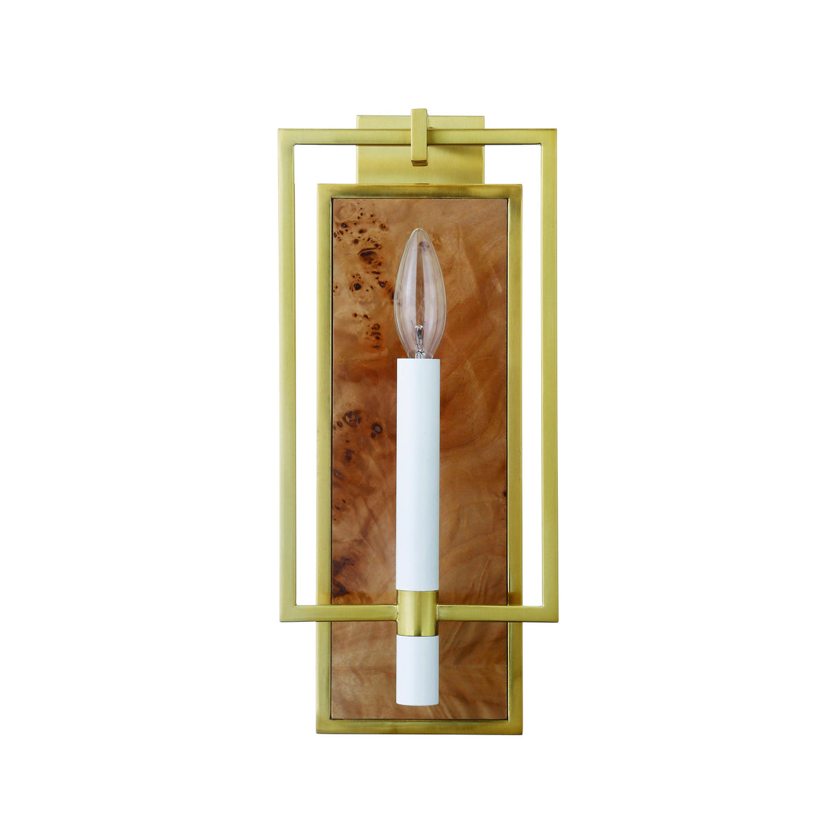 Worlds Away Candlestick Sconce With Rectangular Burl Wood Backplate And Open Brushed Brass Rectangle Frame