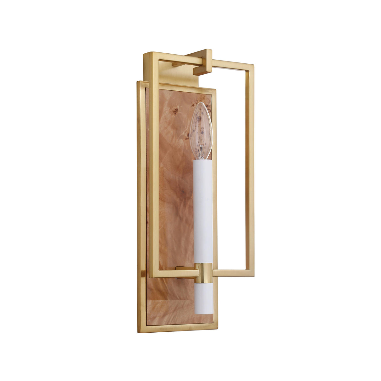 Worlds Away Candlestick Sconce With Rectangular Burl Wood Backplate And Open Brushed Brass Rectangle Frame