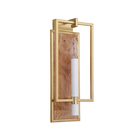 Worlds Away Candlestick Sconce With Rectangular Burl Wood Backplate And Open Brushed Brass Rectangle Frame