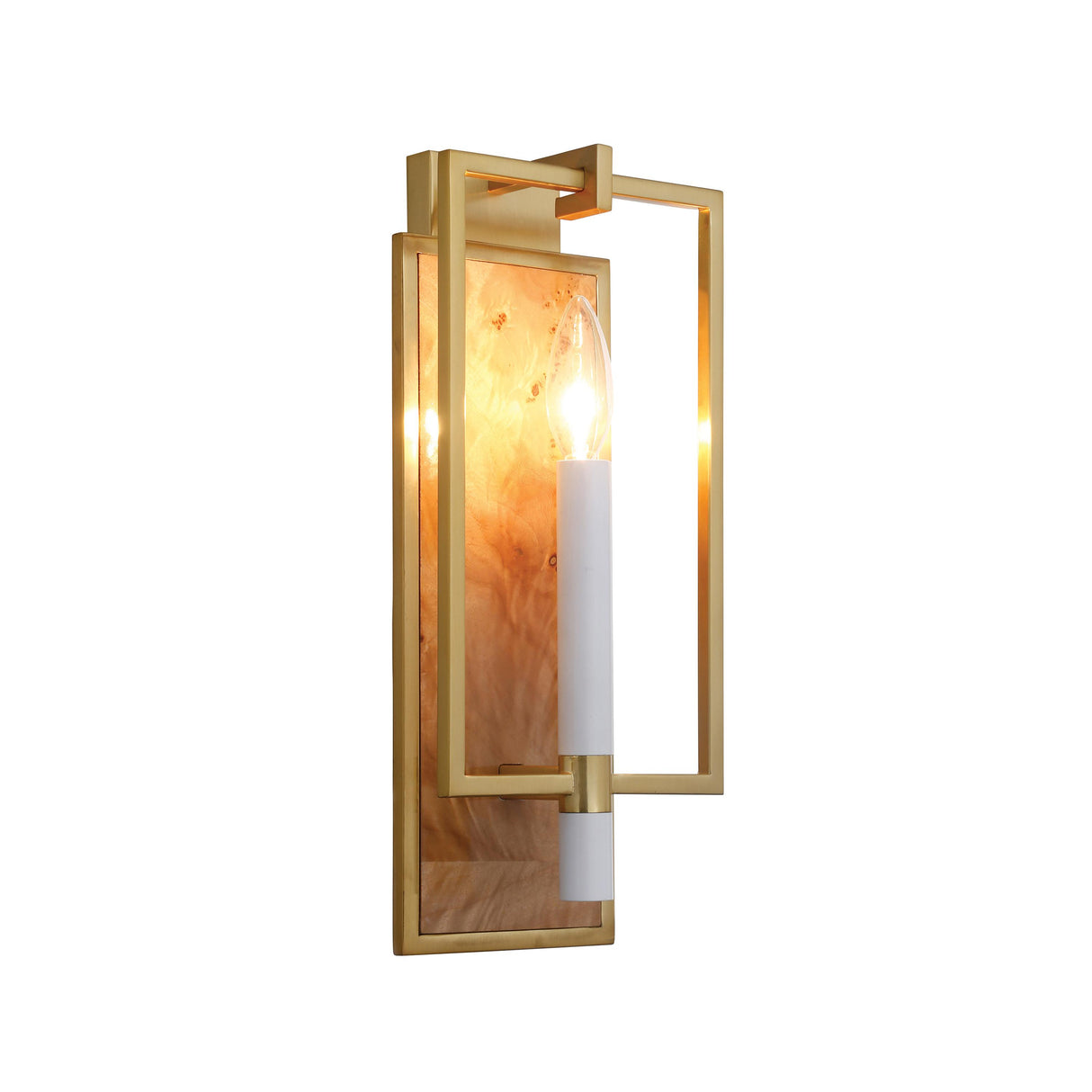 Worlds Away Candlestick Sconce With Rectangular Burl Wood Backplate And Open Brushed Brass Rectangle Frame