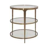 Worlds Away Three Tier Glass Top Round End Table In Antique Brass