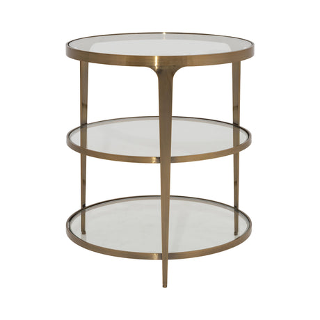 Worlds Away Three Tier Glass Top Round End Table In Antique Brass