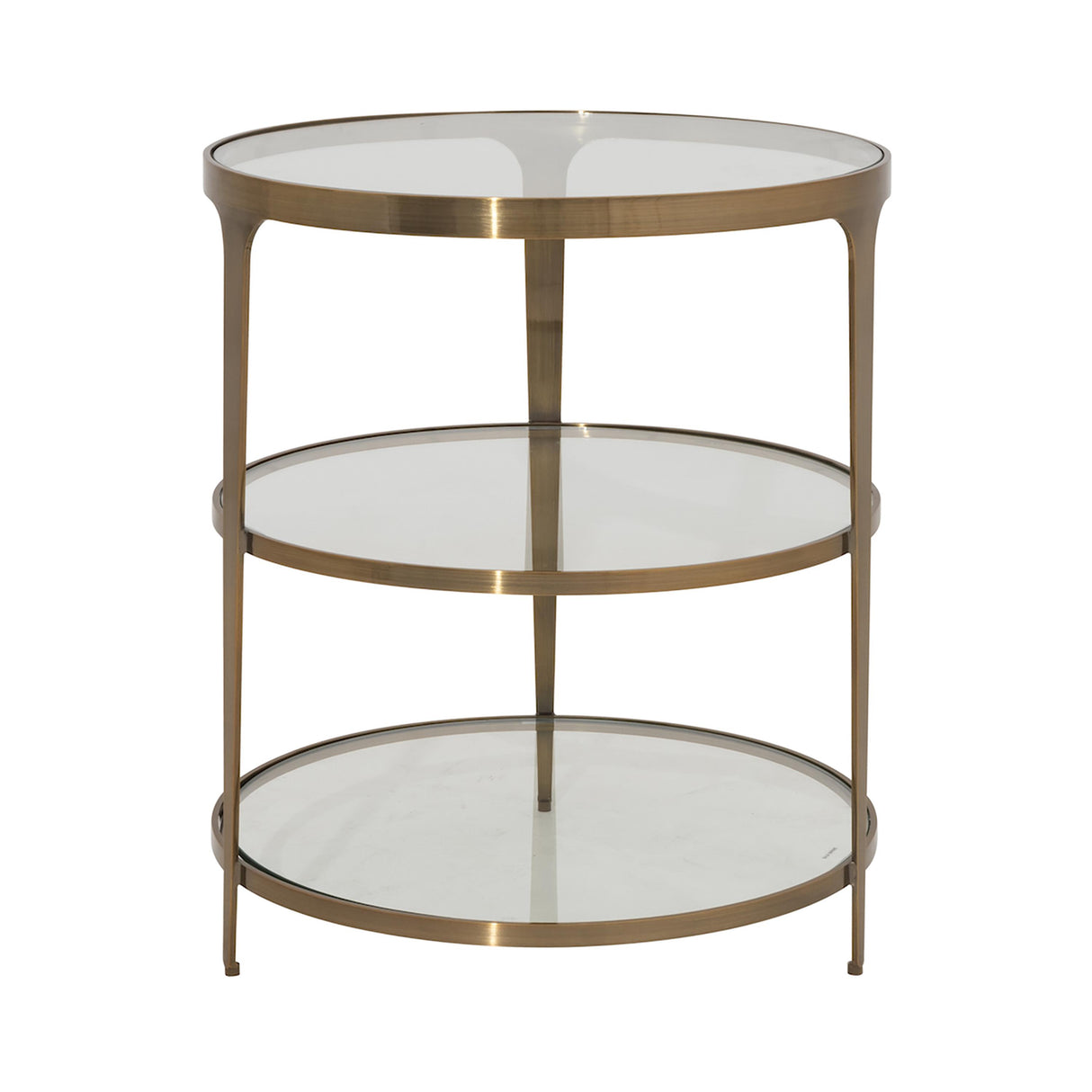 Worlds Away Three Tier Glass Top Round End Table In Antique Brass