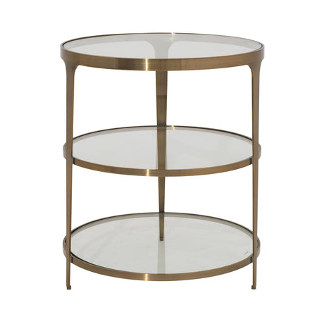 Worlds Away Three Tier Glass Top Round End Table In Antique Brass