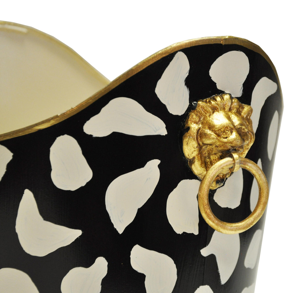 Worlds Away Oval Wastebasket With Lion Handles In Black Leopard