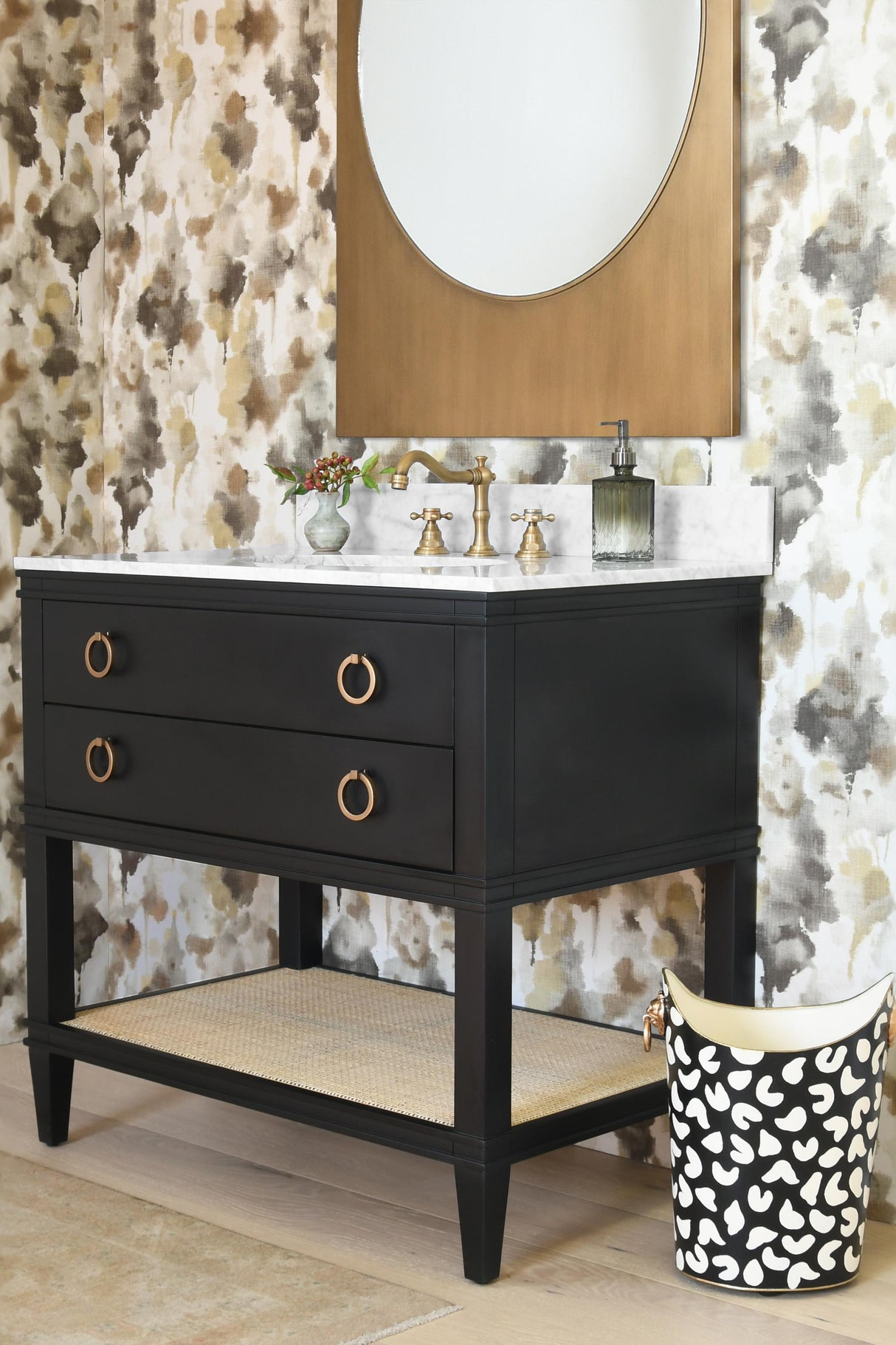 Worlds Away Oval Wastebasket With Lion Handles In Black Leopard