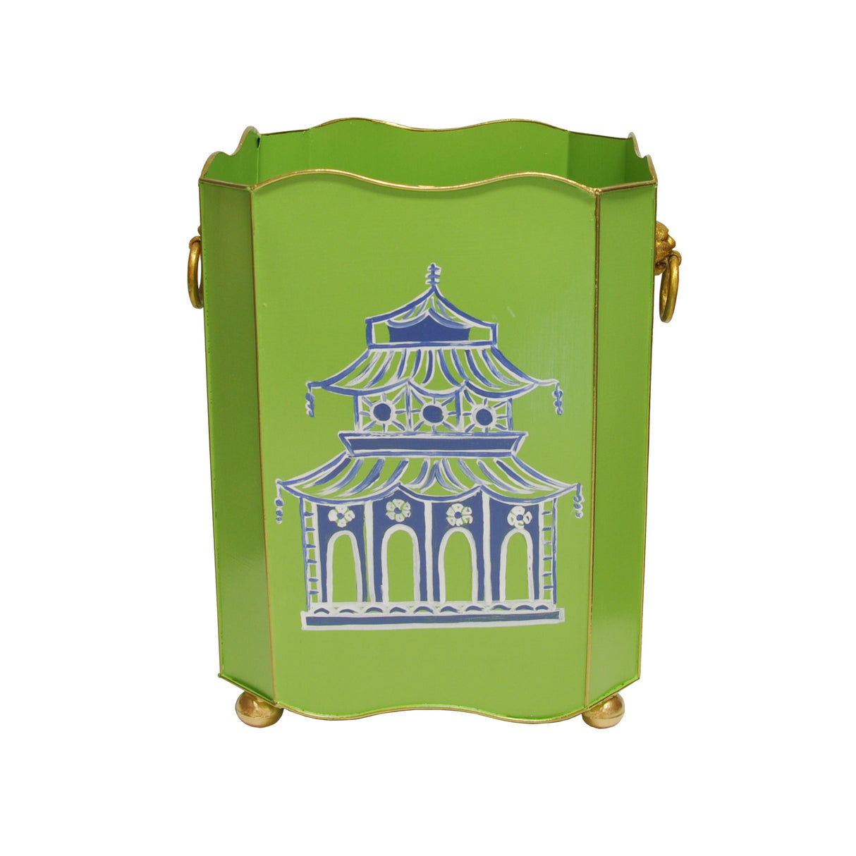 Worlds Away Square Wastebasket With Lion Handles In Green Pagoda