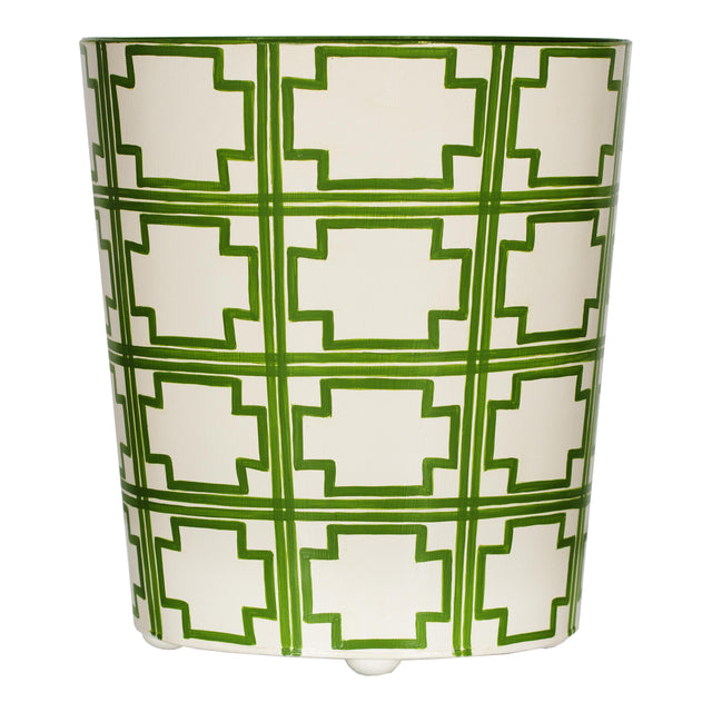 Worlds Away Oval Wastebasket Cream/Green Sqrs