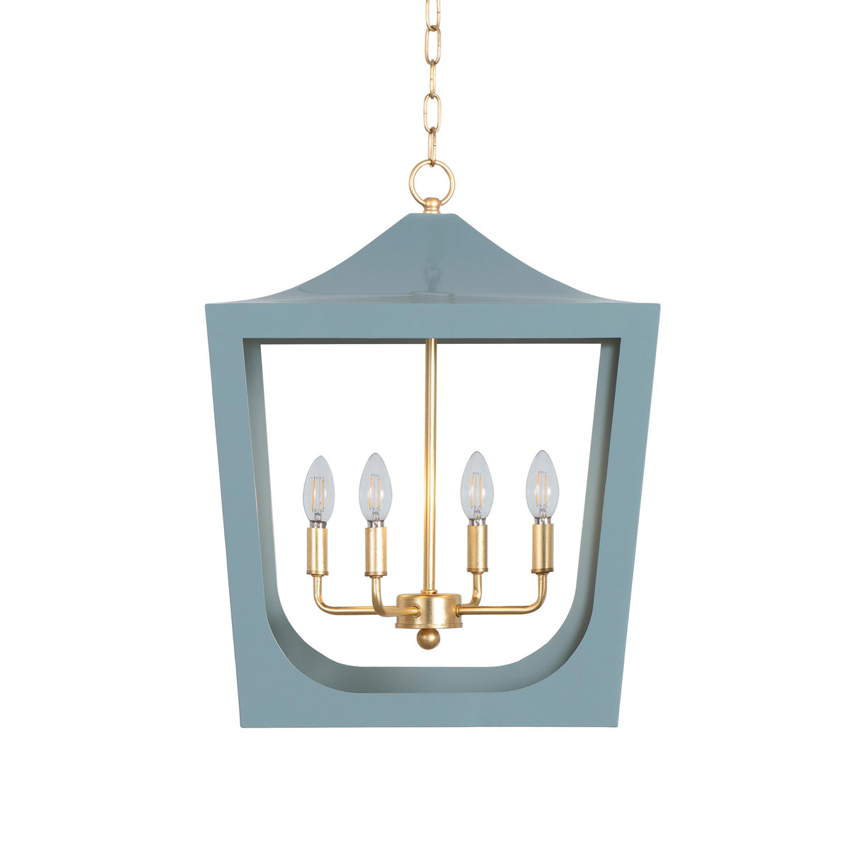 Worlds Away Modern Pagoda Lantern With Four Light Gold Leaf Cluster, Body In Light Blue Powder Coat