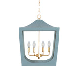 Worlds Away Modern Pagoda Lantern With Four Light Gold Leaf Cluster, Body In Light Blue Powder Coat