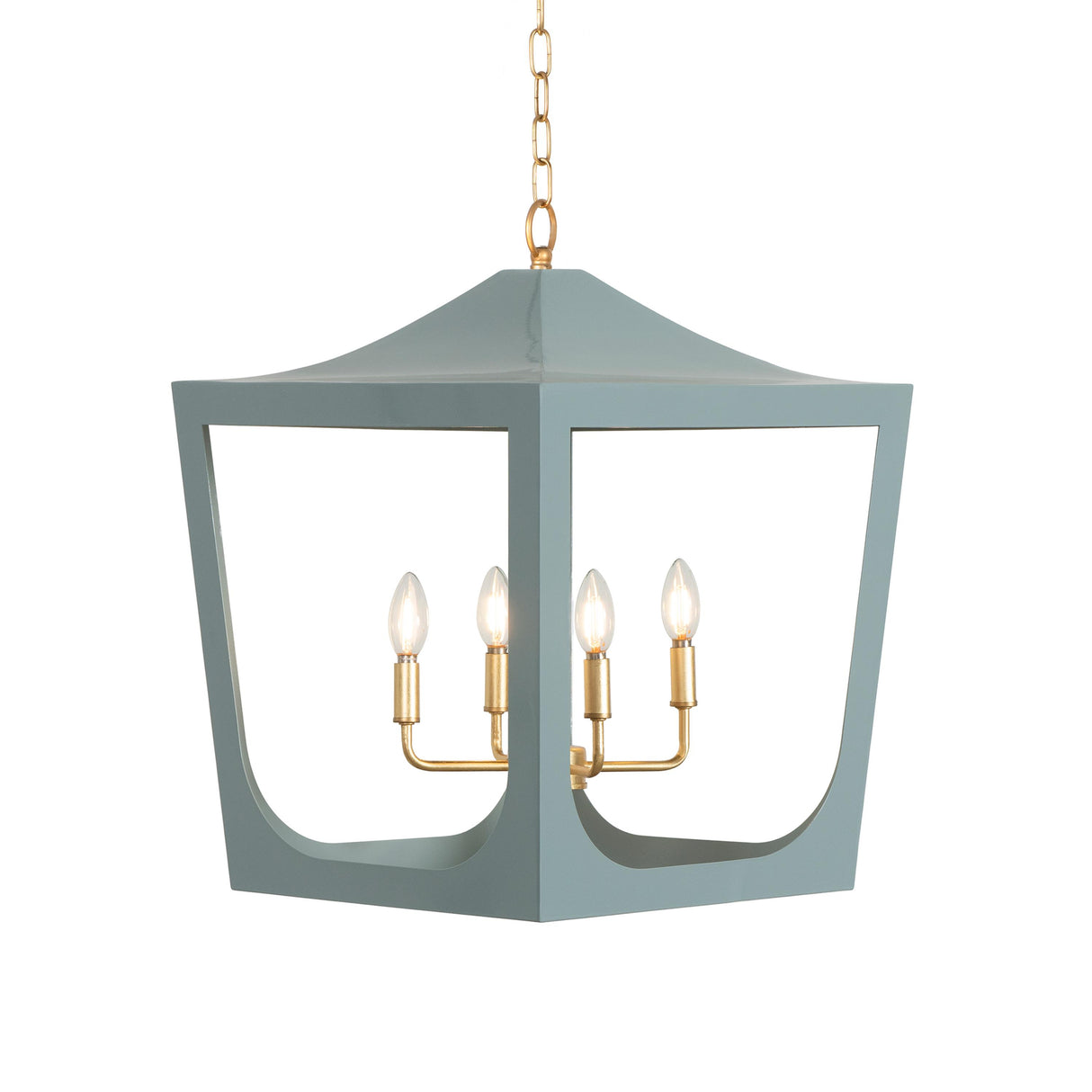 Worlds Away Modern Pagoda Lantern With Four Light Gold Leaf Cluster, Body In Light Blue Powder Coat