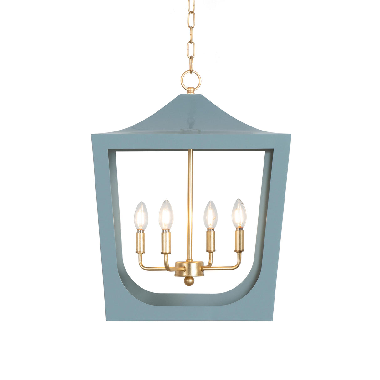 Worlds Away Modern Pagoda Lantern With Four Light Gold Leaf Cluster, Body In Light Blue Powder Coat