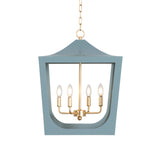 Worlds Away Modern Pagoda Lantern With Four Light Gold Leaf Cluster, Body In Light Blue Powder Coat