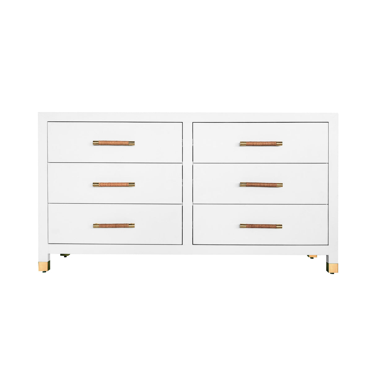 Worlds Away Six Drawer Chest With Rattan Wrapped Handles In Matte White Lacquer