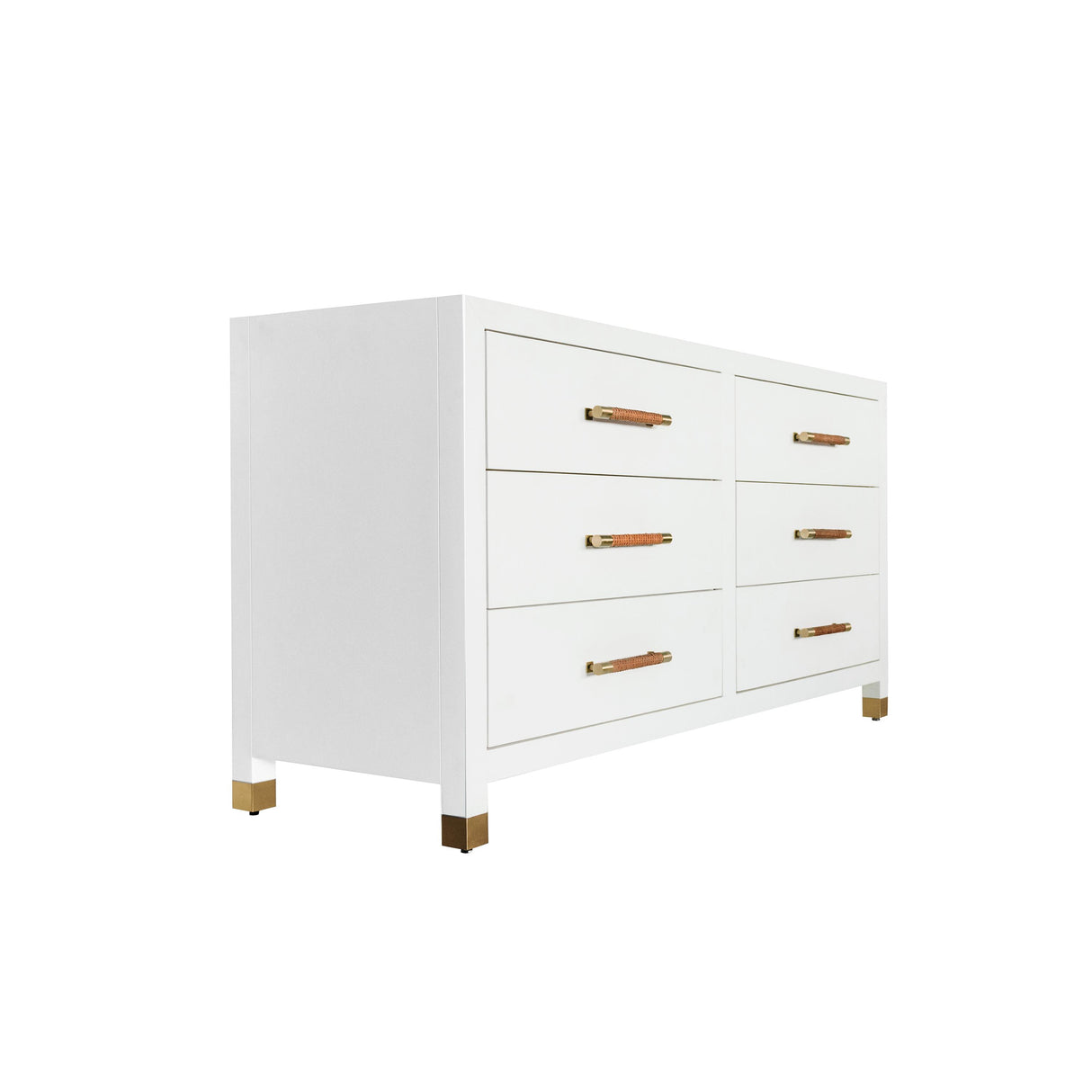 Worlds Away Six Drawer Chest With Rattan Wrapped Handles In Matte White Lacquer