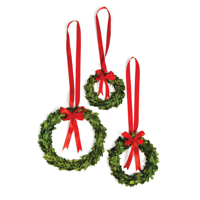 Napa Preserved boxwood BOXWOOD WREATHS WITH RED RIBBONS, SET OF 3