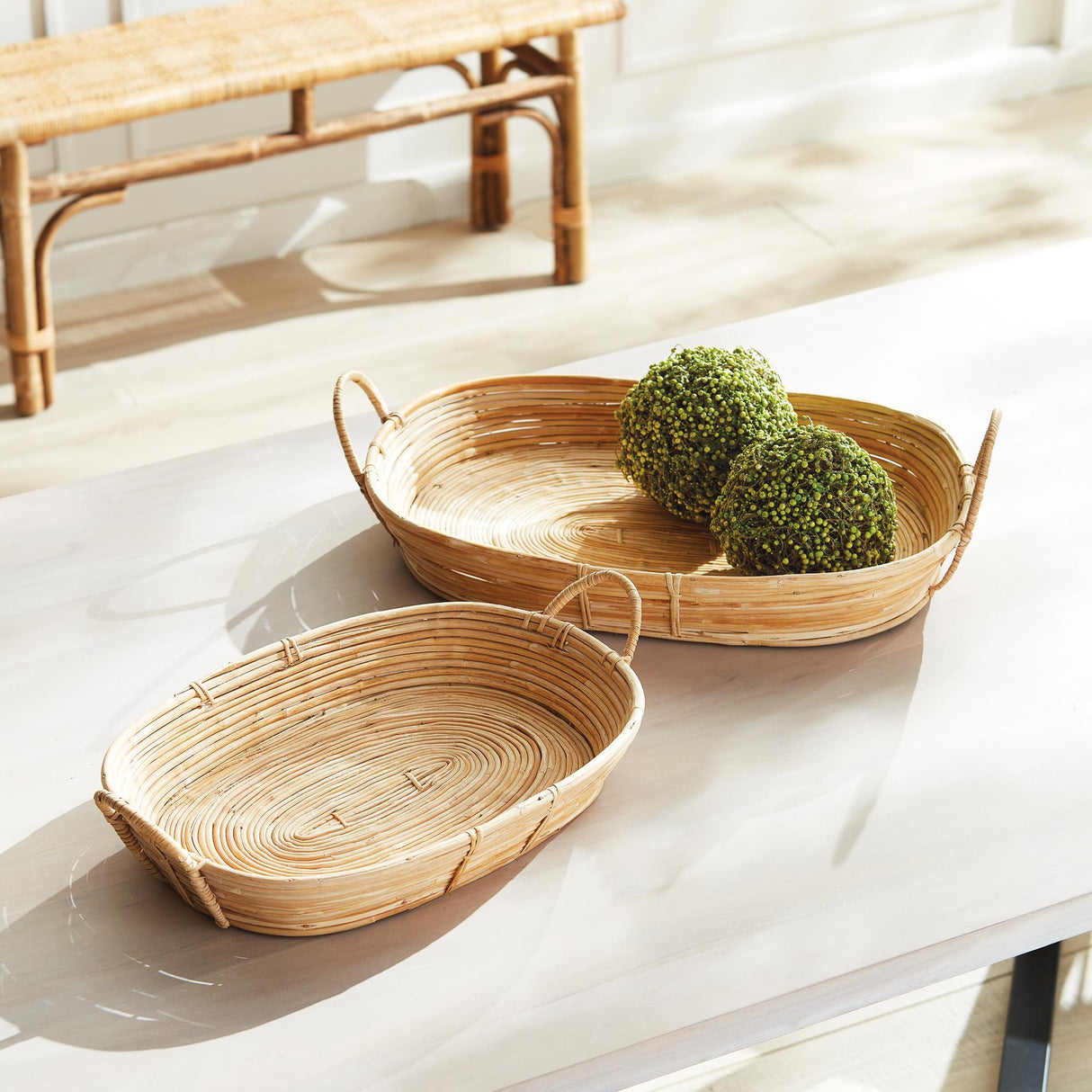 Napa Natural CANE RATTAN TRAYS WITH HANDLES, SET OF 2