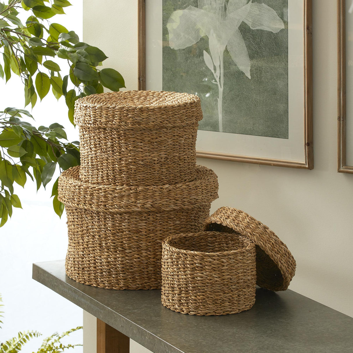 Napa Natural SEAGRASS ROUND LIDDED BASKETS, SET OF 3