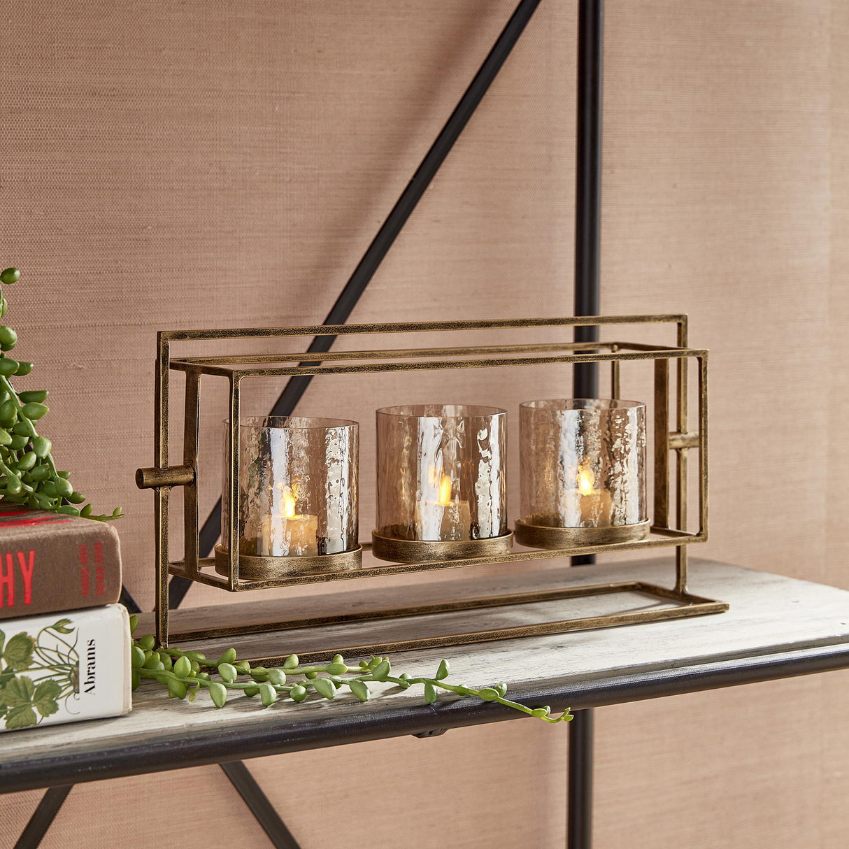 Napa Antique Gold/Hammered Luster Glass WESLEY 3-CANDLE HURRICANE