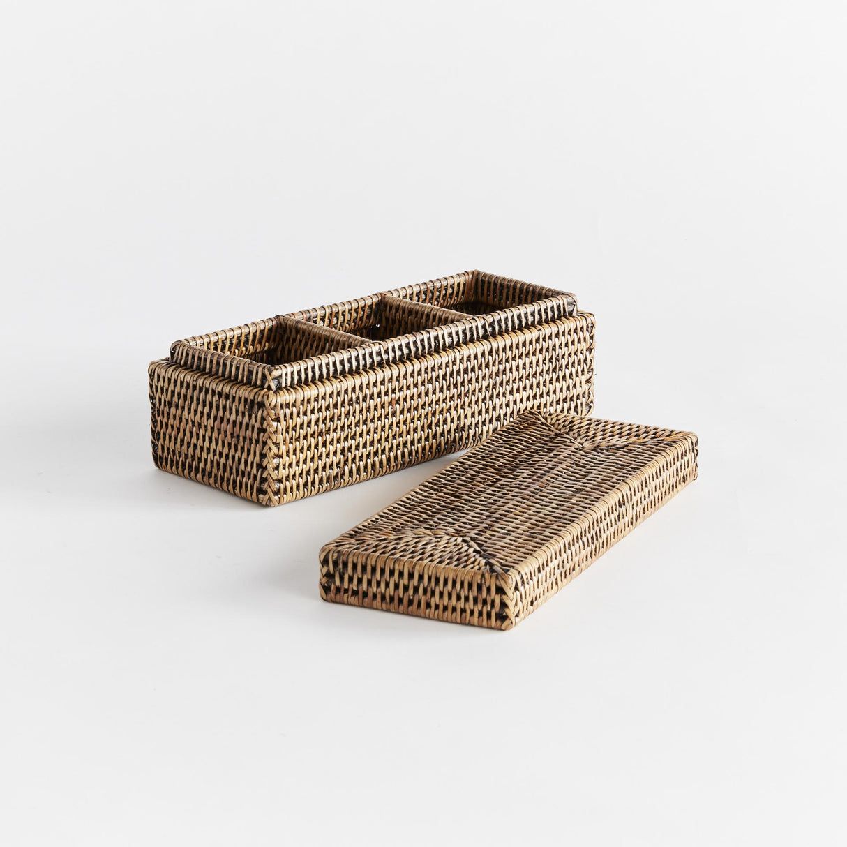 Napa Warm Brown BURMA RATTAN 3-COMPARTMENT LIDDED BOX