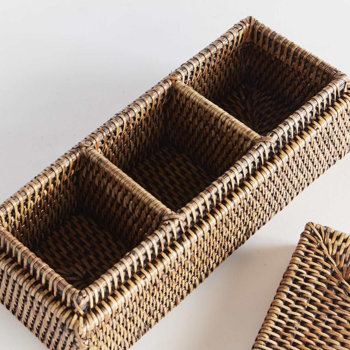 Napa Warm Brown BURMA RATTAN 3-COMPARTMENT LIDDED BOX