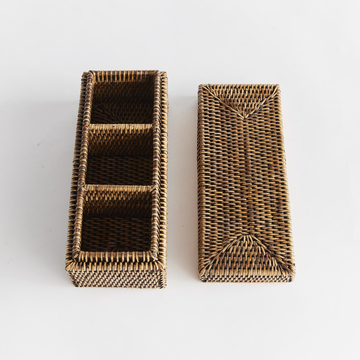 Napa Warm Brown BURMA RATTAN 3-COMPARTMENT LIDDED BOX
