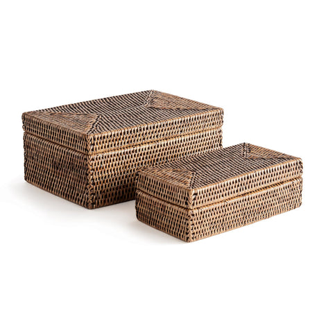 Napa Warm Brown BURMA RATTAN RECTANGULAR LIDDED BOXES, SET OF 2