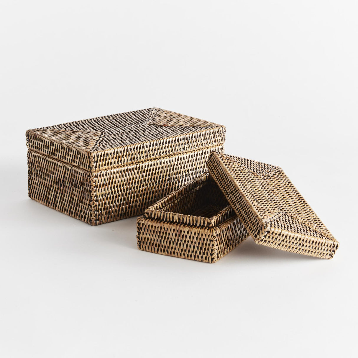 Napa Warm Brown BURMA RATTAN RECTANGULAR LIDDED BOXES, SET OF 2