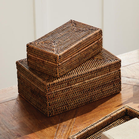 Napa Warm Brown BURMA RATTAN RECTANGULAR LIDDED BOXES, SET OF 2