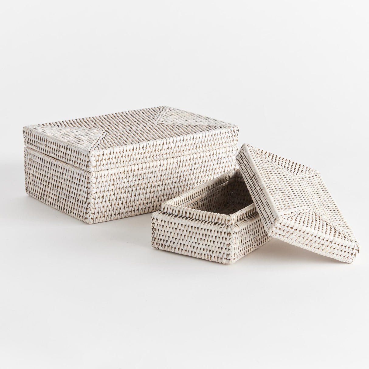 Napa Whitewash BURMA RATTAN RECTANGULAR LIDDED BOXES, SET OF 2