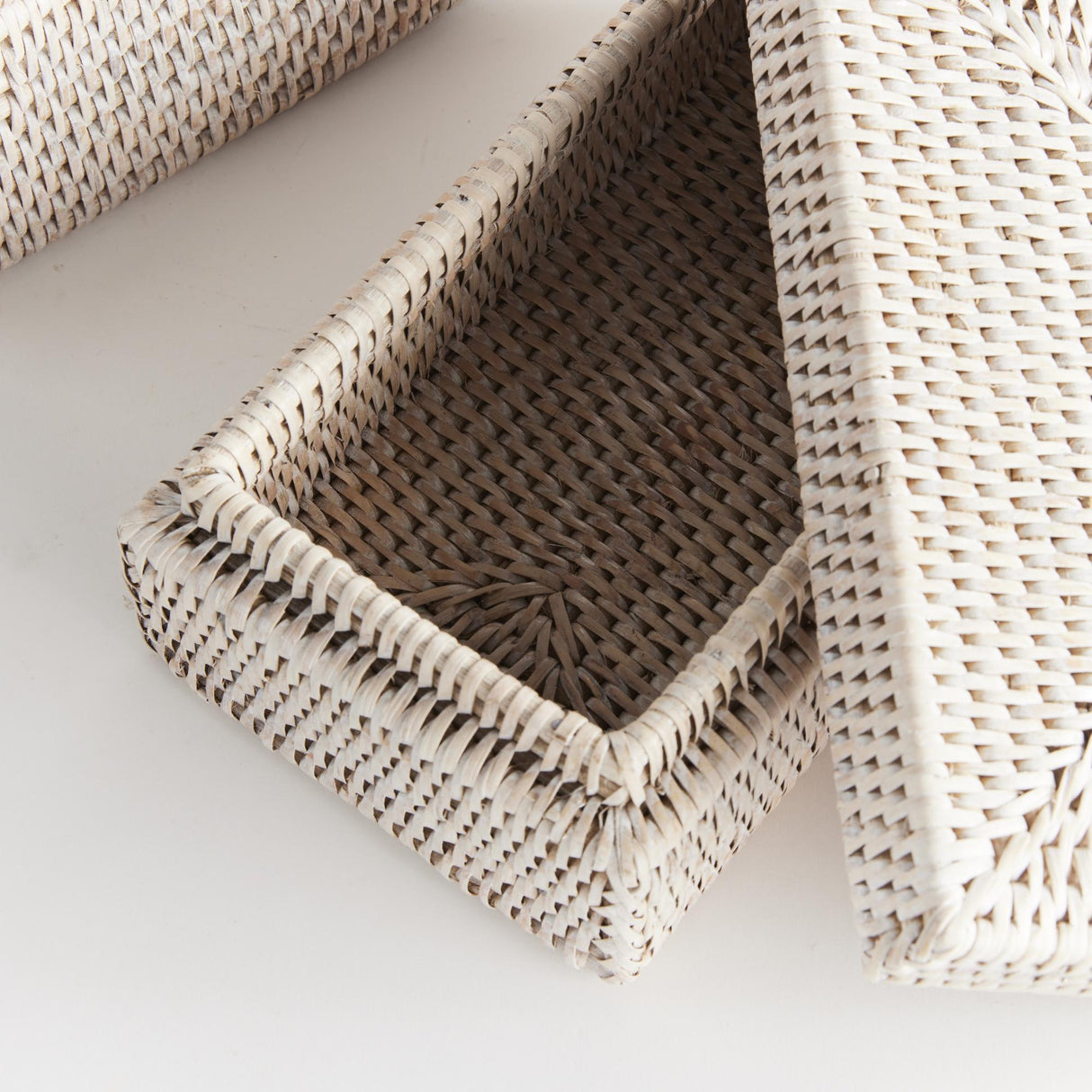 Napa Whitewash BURMA RATTAN RECTANGULAR LIDDED BOXES, SET OF 2