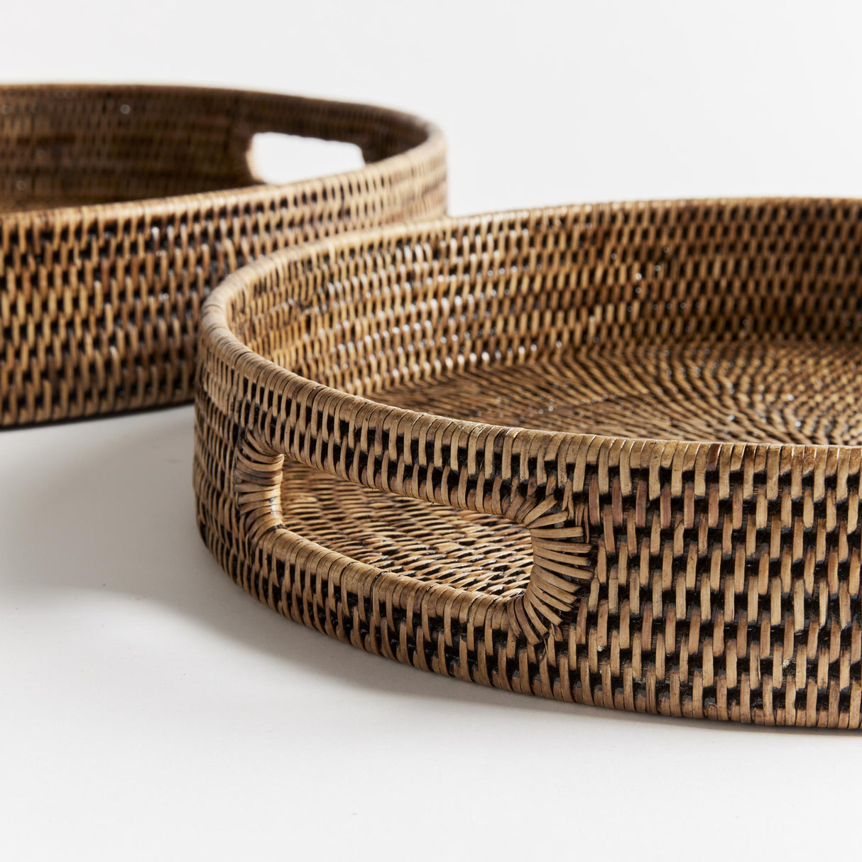 Napa Warm Brown BURMA RATTAN ROUND OTTOMAN TRAYS SMALL, SET OF 2