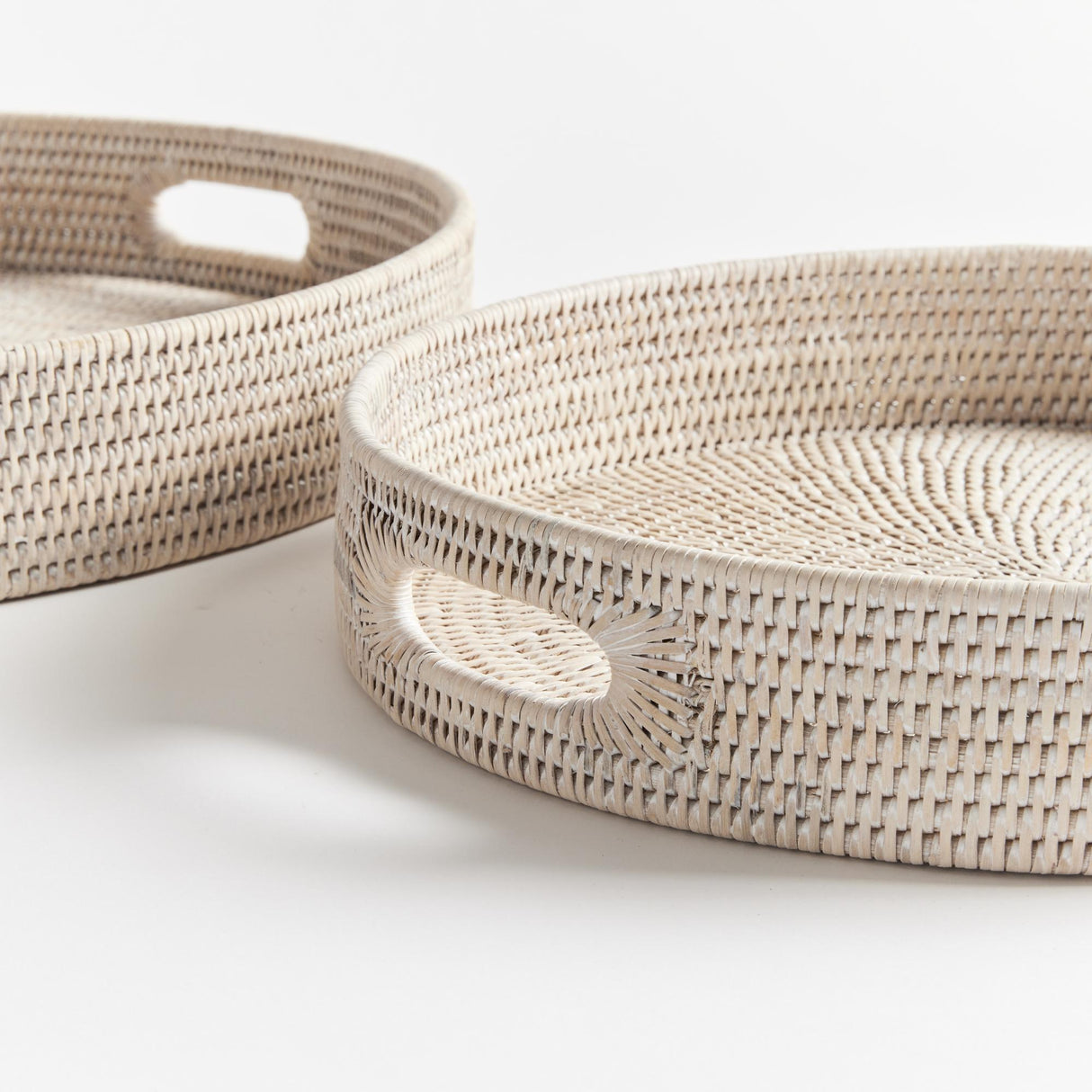 Napa Whitewash BURMA RATTAN ROUND OTTOMAN TRAYS SMALL, SET OF 2