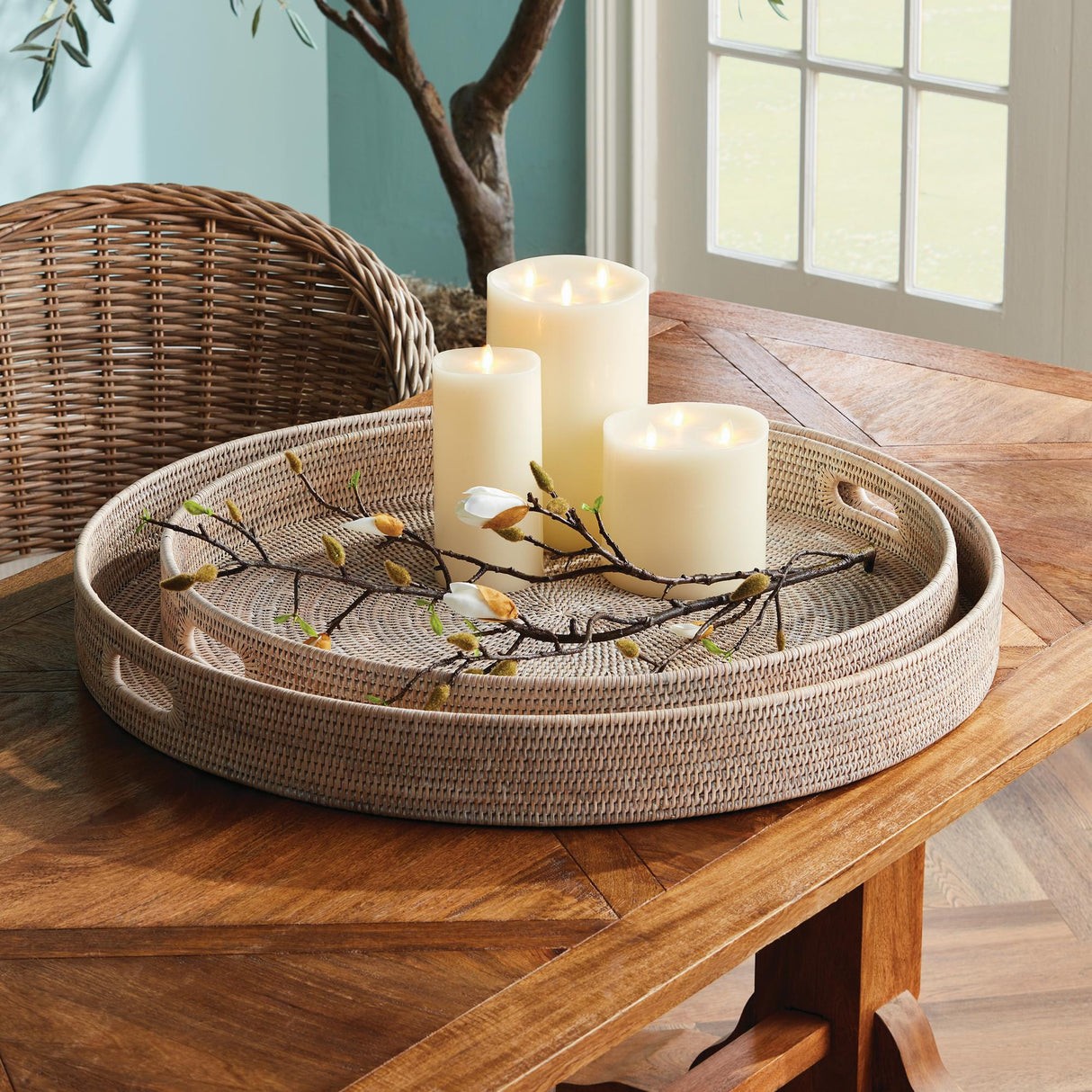 Napa Whitewash BURMA RATTAN ROUND OTTOMAN TRAYS LARGE, SET OF 2