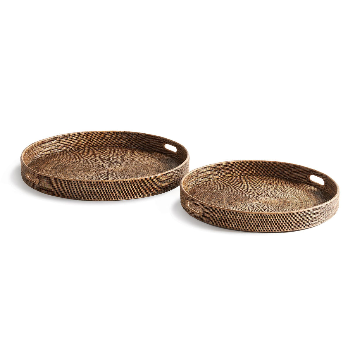 Napa Warm Brown BURMA RATTAN ROUND OTTOMAN TRAYS LARGE, SET OF 2