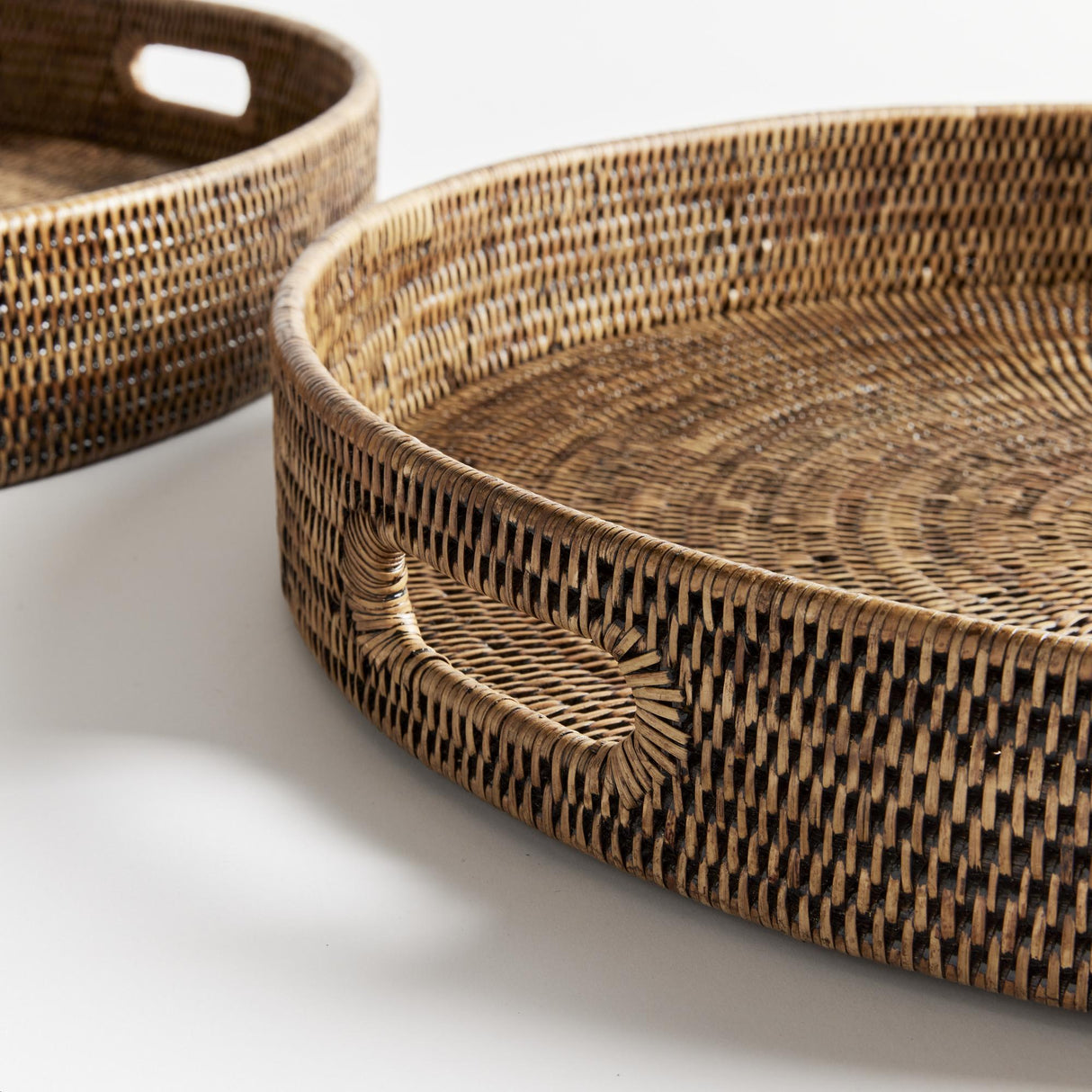 Napa Warm Brown BURMA RATTAN ROUND OTTOMAN TRAYS LARGE, SET OF 2