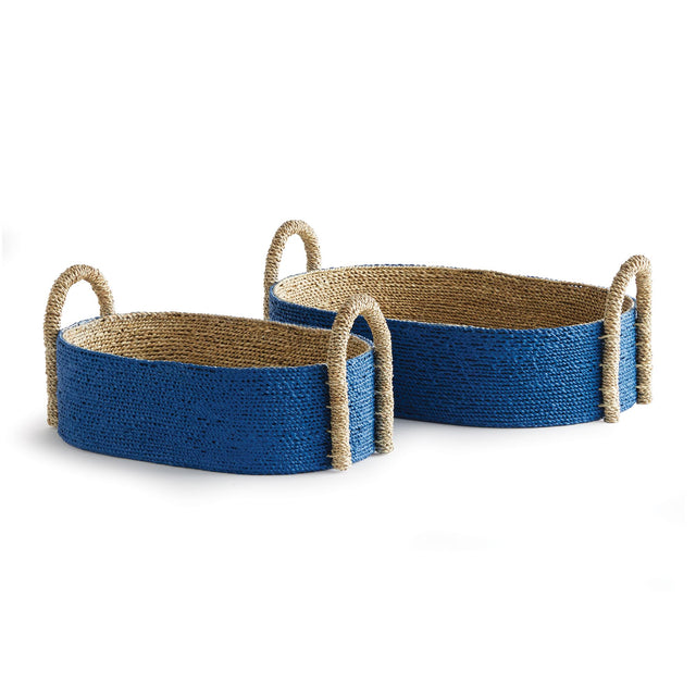 Napa Blue/Natural TIANA SEAGRASS SHORT OVAL BASKETS, SET OF 2