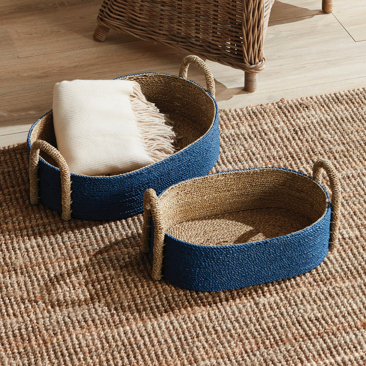 Napa Blue/Natural TIANA SEAGRASS SHORT OVAL BASKETS, SET OF 2