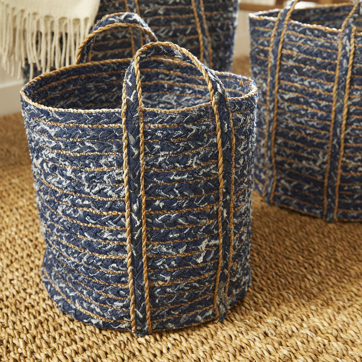 Napa Blue/Natural DENIM ROUND BASKETS, SET OF 3