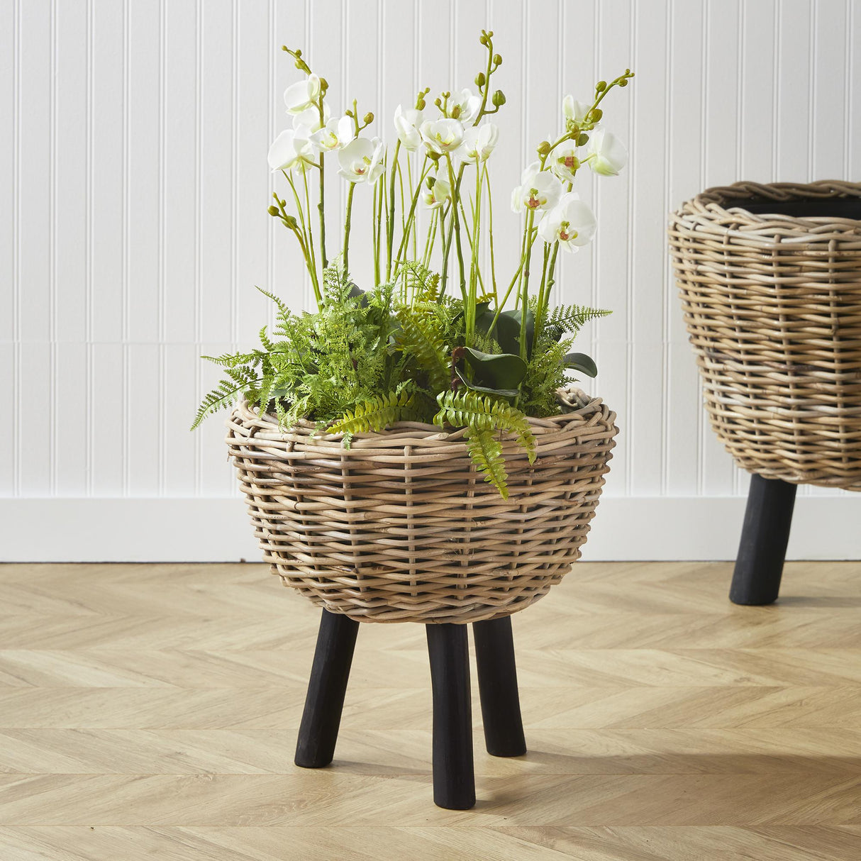 black woven plant basket Napa Natural/Black Woven Rattan Dry Basket Plant Riser 17" – DecoratorsBest