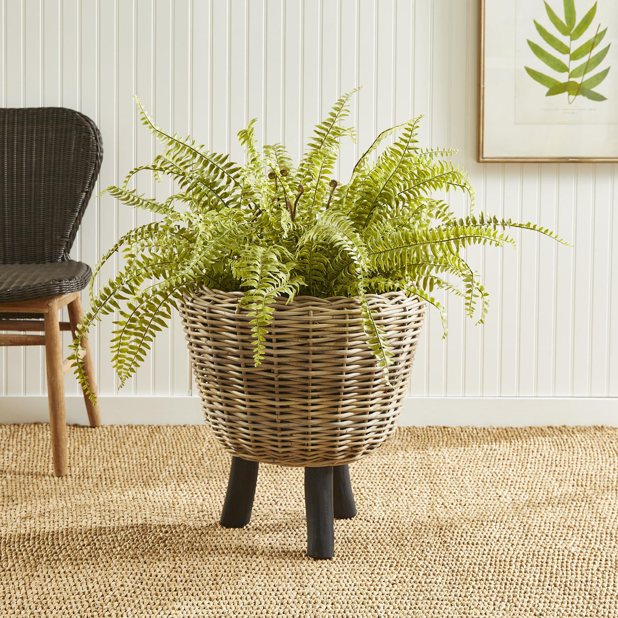 Napa Natural/Black WOVEN RATTAN DRY BASKET PLANT RISER 21.25"